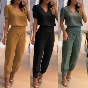 Cross-Border European and American Women's Clothing  New Fashion Casual V-neck Printing Short Sleeve Trousers Suit Two-Piece Set