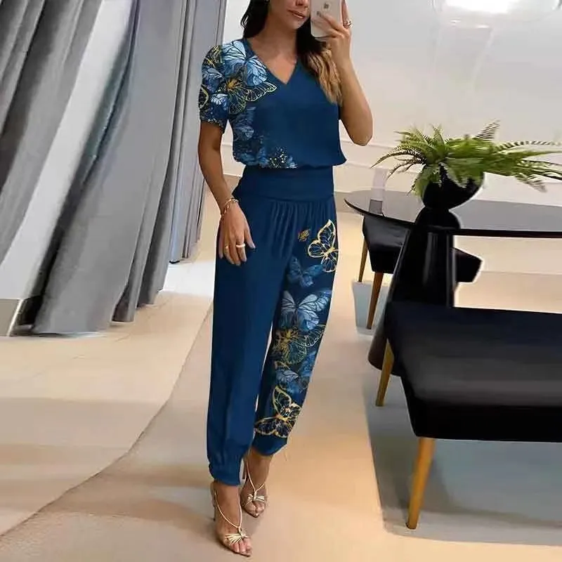 Cross-Border European and American Women's Clothing  New Fashion Casual V-neck Printing Short Sleeve Trousers Suit Two-Piece Set