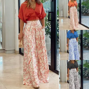 Cross-Border Summer Bell-Bottom Pants Suit  Shirt Top V-neck Fashion Printed Wide-Leg Pants Two-Piece Set