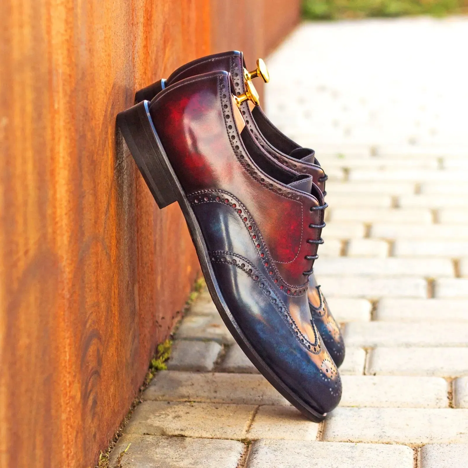 DapperFam Aeron in Denim / Burgundy Men's Hand-Painted Patina Full Brogue