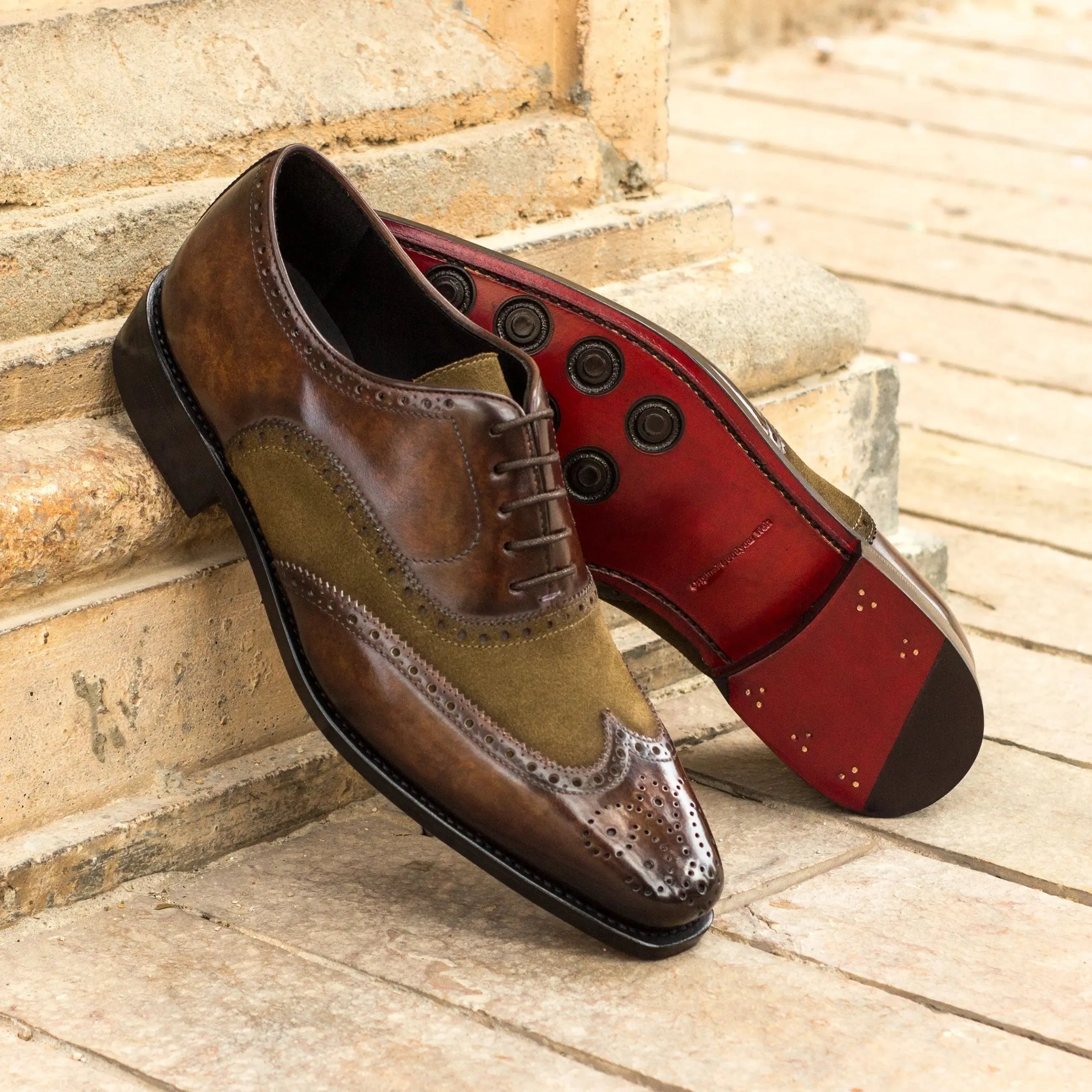 DapperFam Aeron in Khaki / Denim / Brown Men's Lux Suede & Hand-Painted Patina Full Brogue