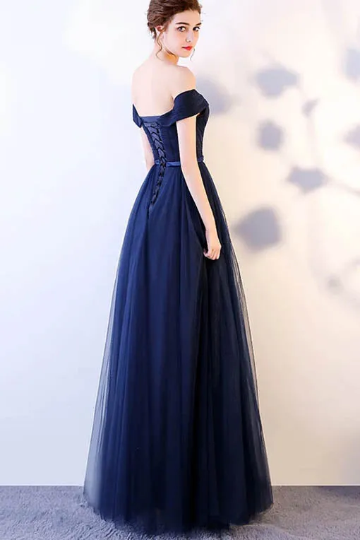 Dark Blue Off the Shoulder Floor Length Tulle Ruched Long Prom Gown with Belt UQP0083