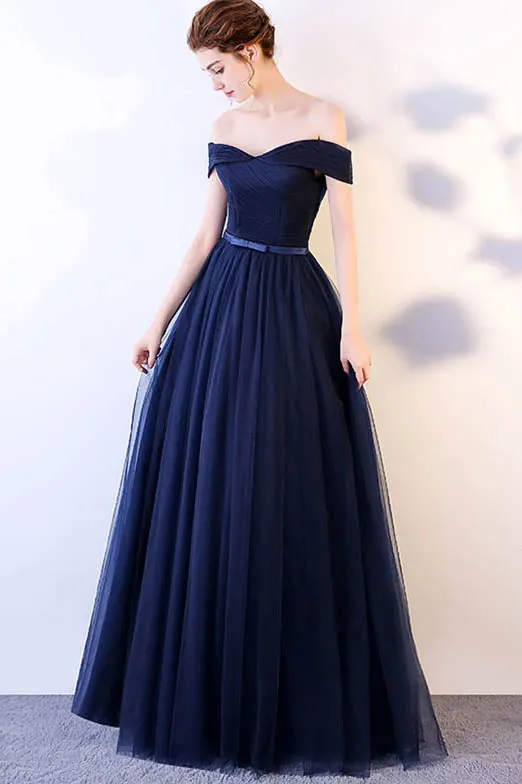 Dark Blue Off the Shoulder Floor Length Tulle Ruched Long Prom Gown with Belt UQP0083