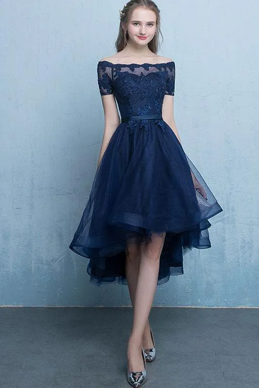 Dark Blue Off the Shoulder Tulle Homecoming Dress with Lace Appliques, High Low Dress UQ1725