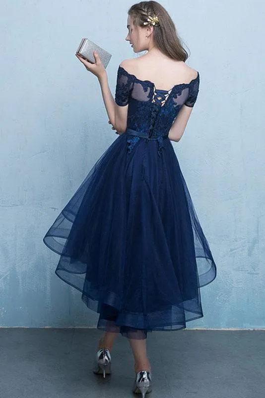 Dark Blue Off the Shoulder Tulle Homecoming Dress with Lace Appliques, High Low Dress UQ1725