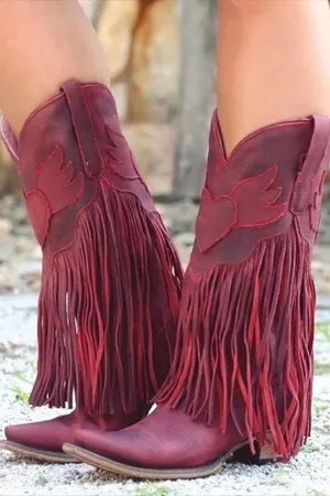 Dark Red Fringed Ankle Boots