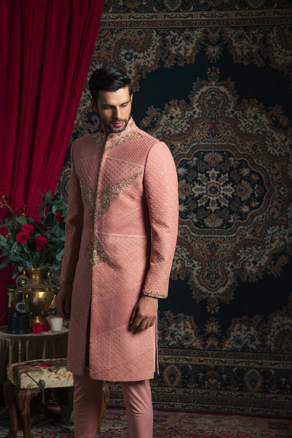 Dark Rosegold Lucknowi Sherwani Set