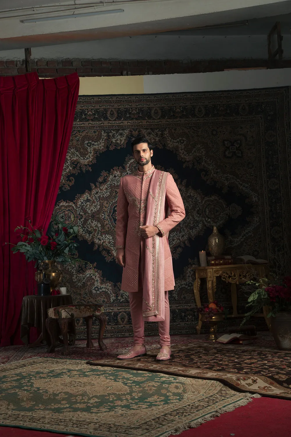 Dark Rosegold Lucknowi Sherwani Set