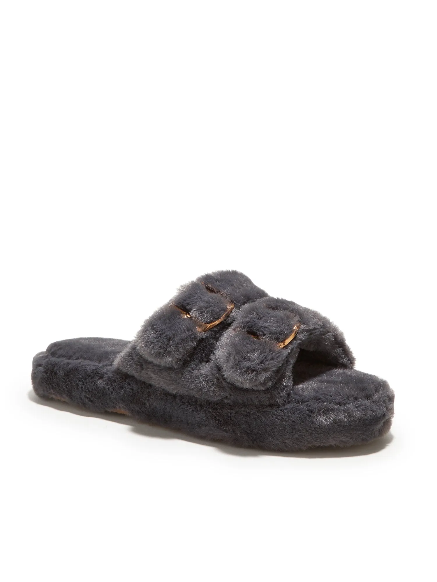 Double-Buckle Faux-Fur Slippers