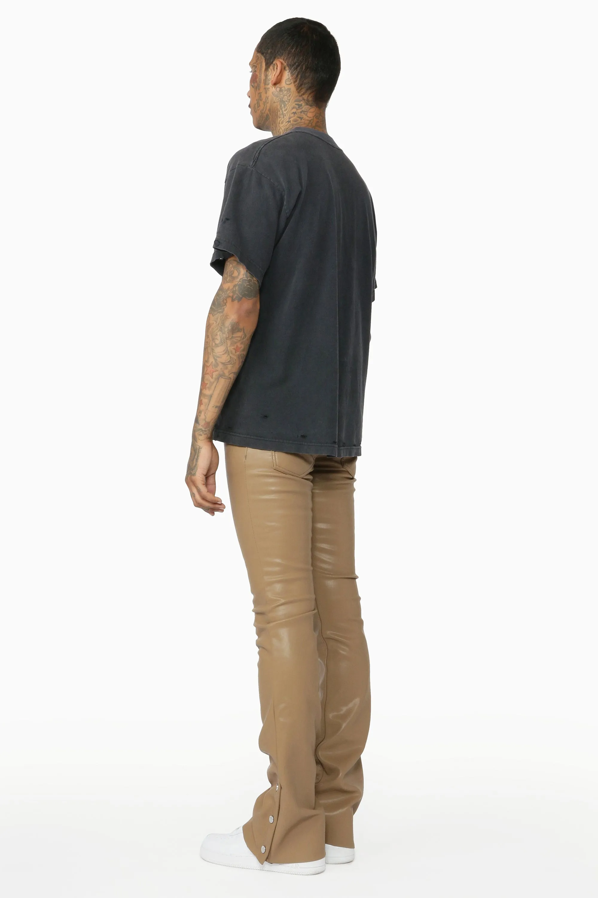 Ennis Beige PU Stacked Flare Jean