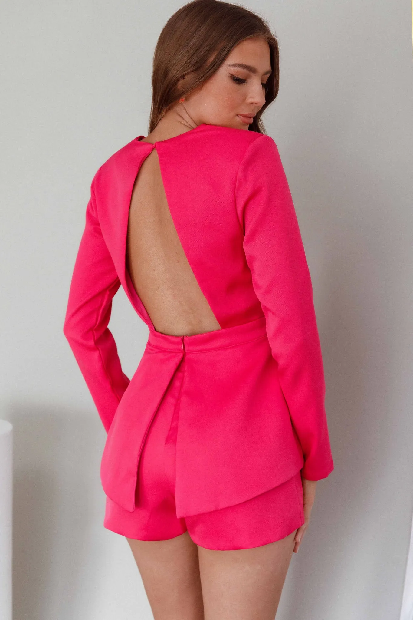 Ennis Long Sleeve Structured Romper Pink