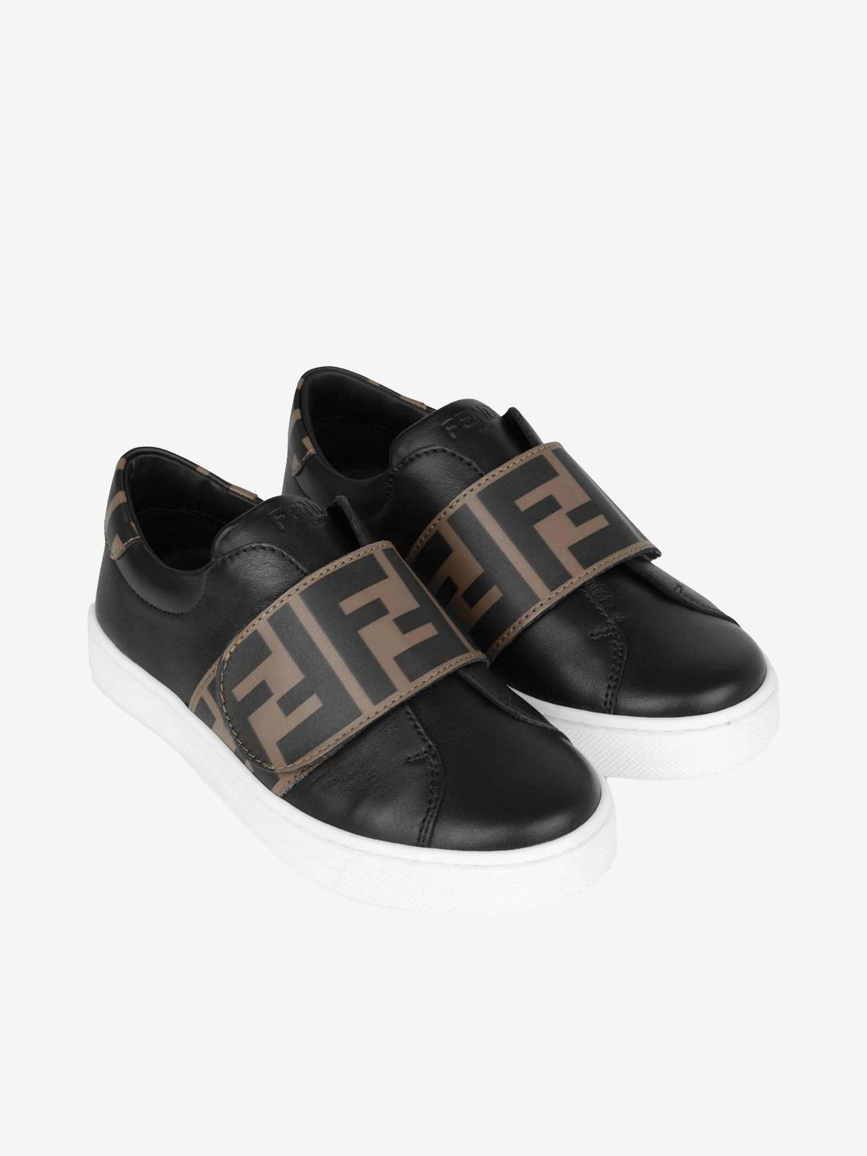 Fendi Kids Leather FF Logo Strap Trainers in Black