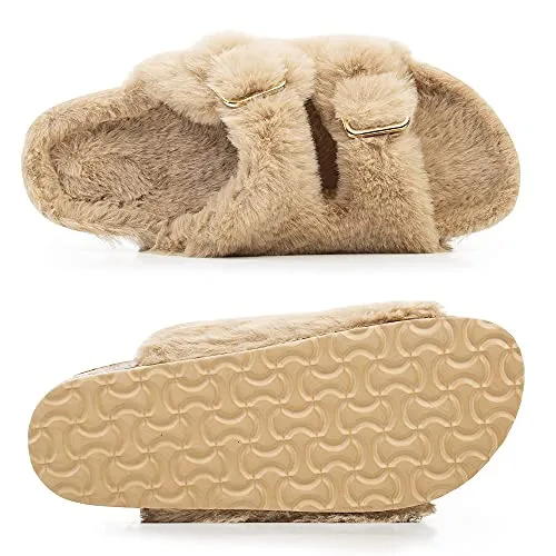 FITORY Womens Open Toe Slipper with Cozy Lining,Faux Rabbit Fur Cork Slide Sandals Camel Size 9