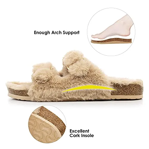 FITORY Womens Open Toe Slipper with Cozy Lining,Faux Rabbit Fur Cork Slide Sandals Camel Size 9