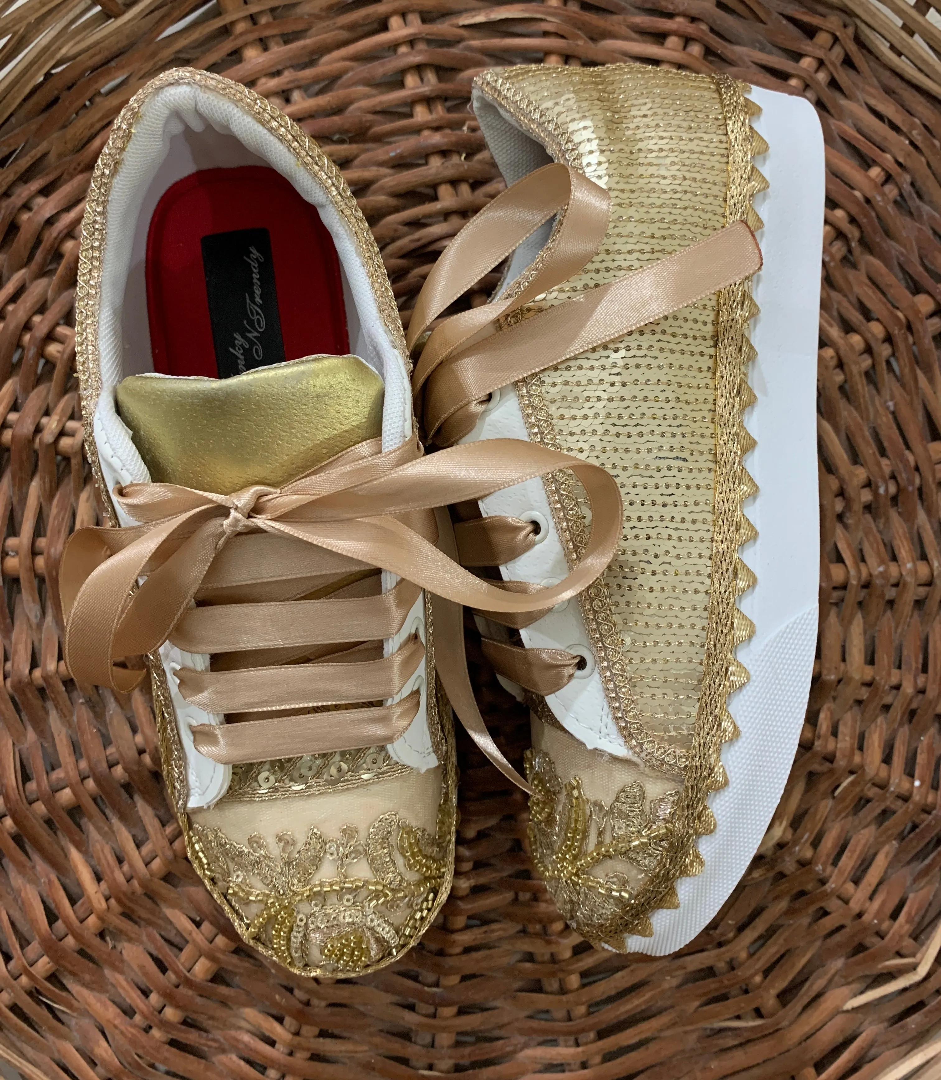 Funky N Trendy golden  embroidery work bridal sneakers/ bridesmaid sneaker / golden sneakers/ gold sneakers / gold shoes