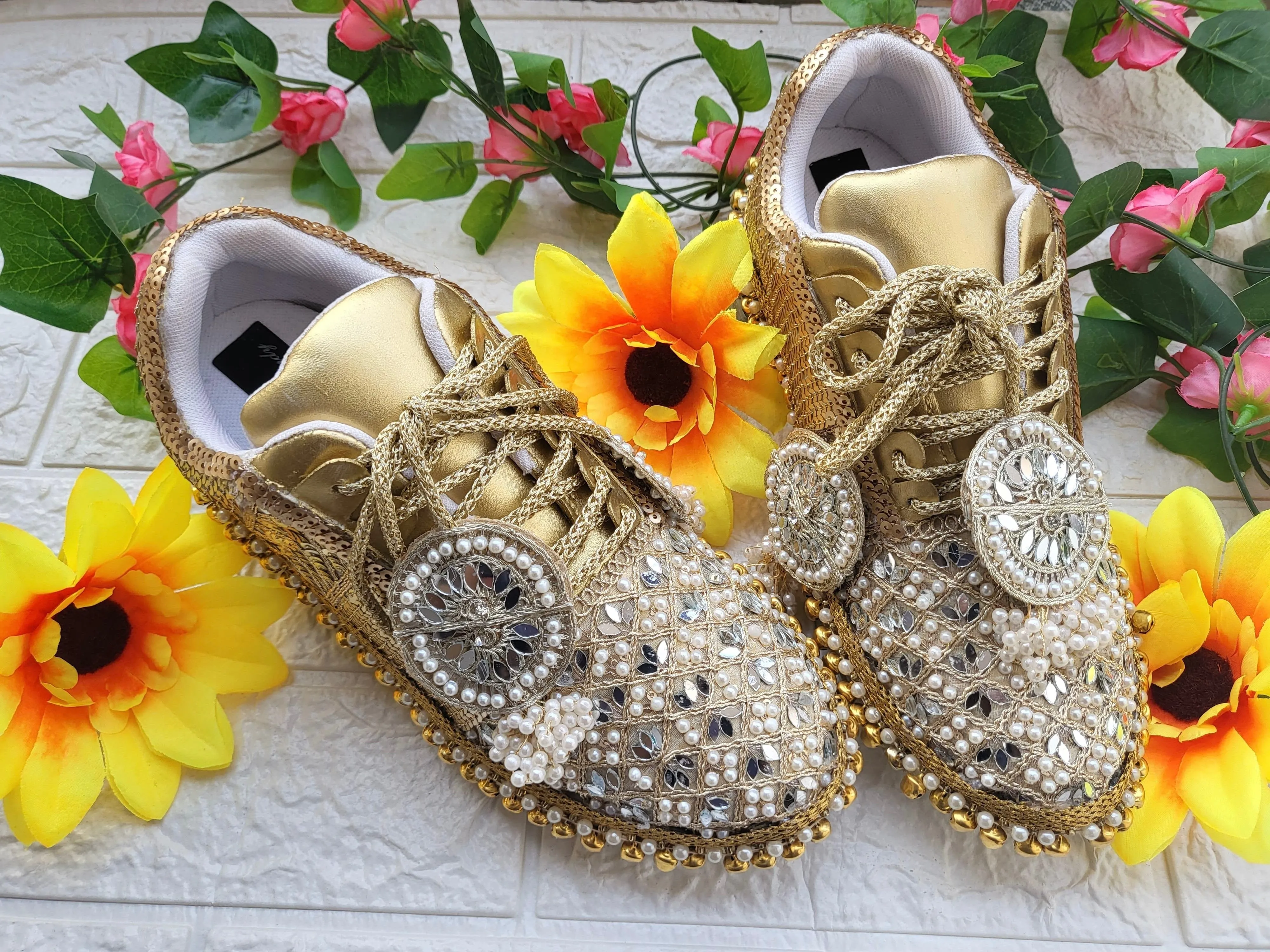 FUNKY N TRENDY golden mirror pearl and sequine work bridal sneakers / bridesmaid sneakers/ gold sneakers / golden sneakers/ ghungaroo sneakers / ghungaroo shoes