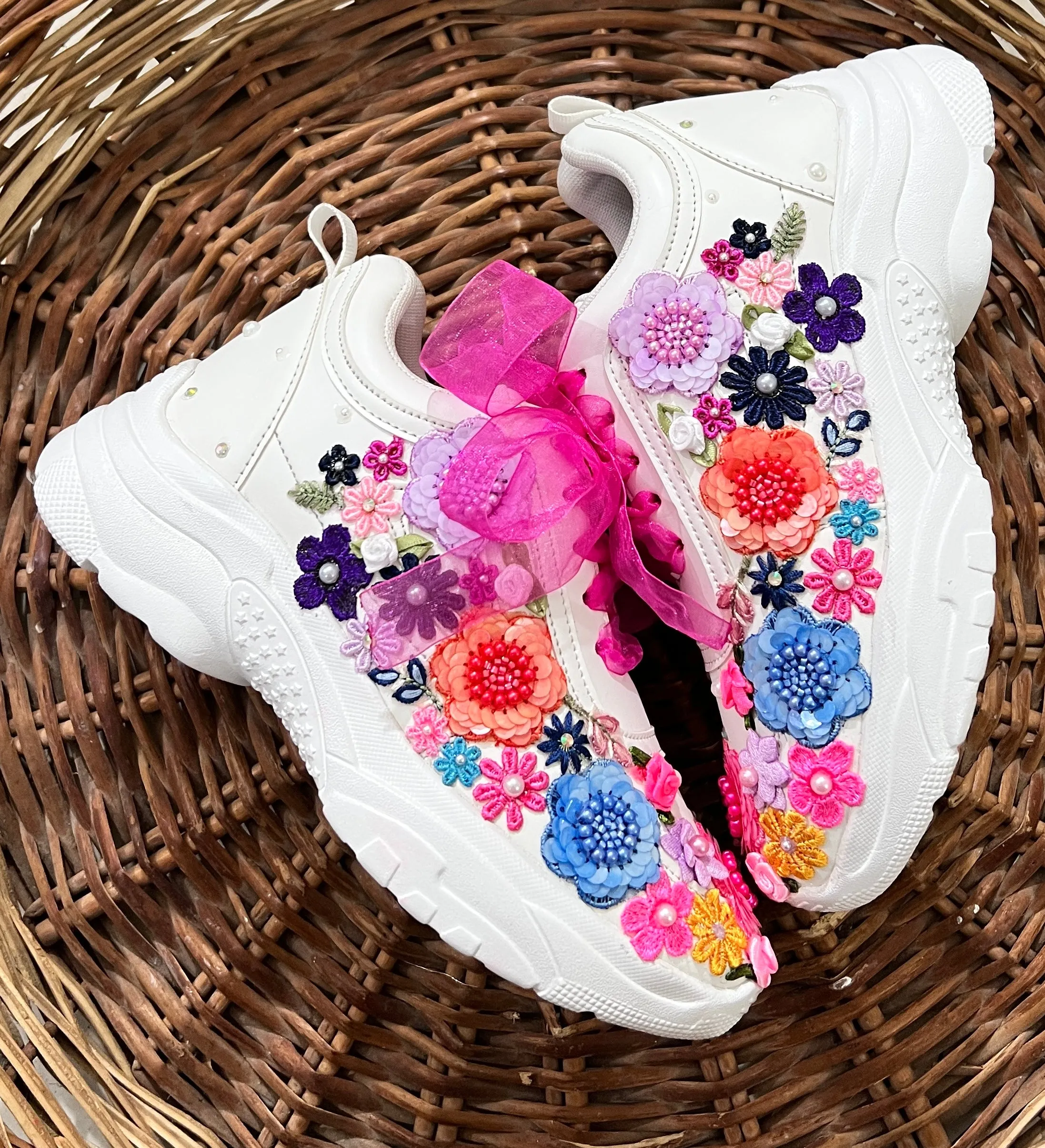 FUNKY N TRENDY hand embroidered floral work sneakers/ white sneakers /bridal shoes / bridal sneakers / floral sneakers/flower shoes /bridesmaid sneakers/ pink shoes / pink sneakers/ multi colored sneakers / hot pink sneakers