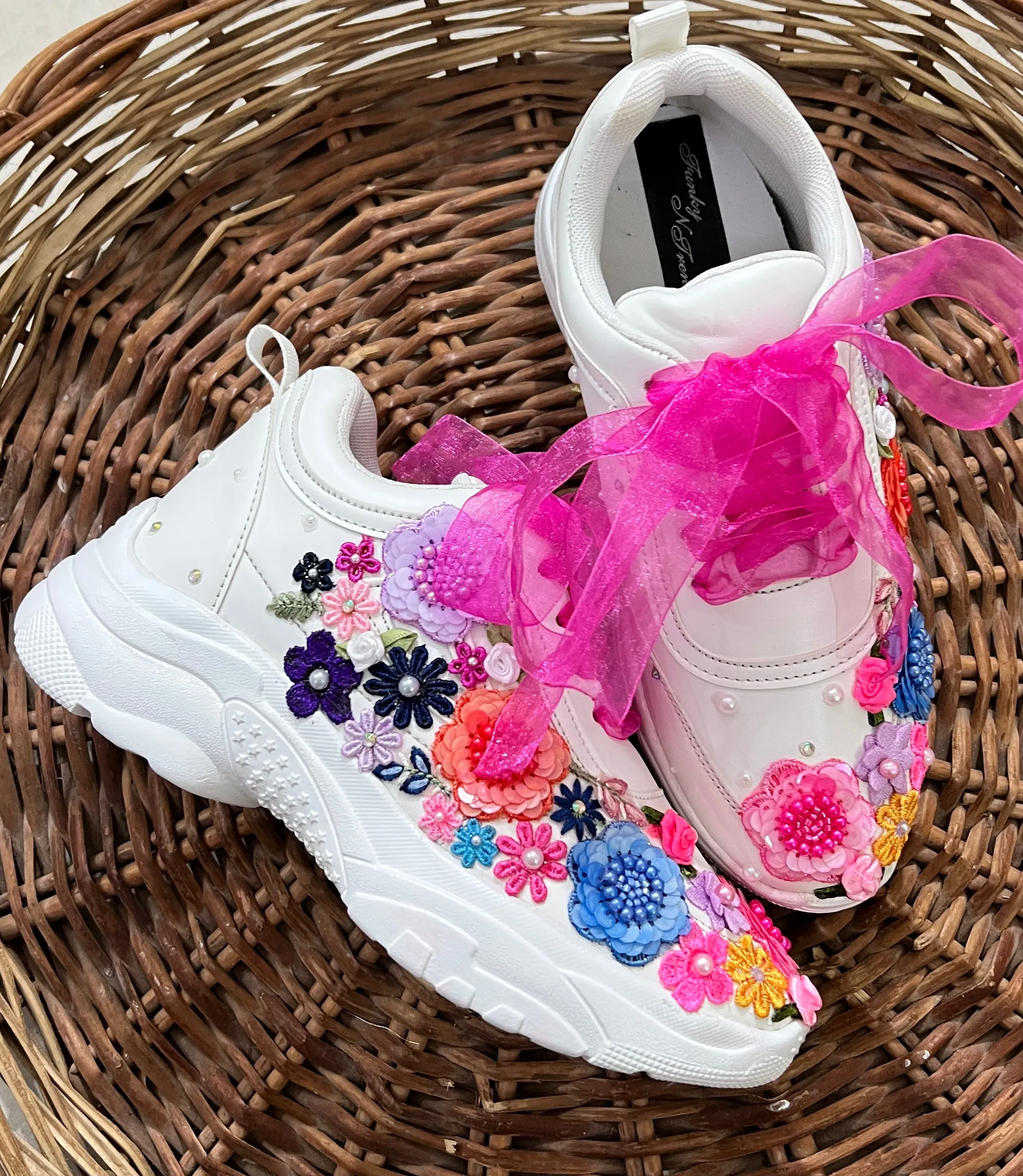 FUNKY N TRENDY hand embroidered floral work sneakers/ white sneakers /bridal shoes / bridal sneakers / floral sneakers/flower shoes /bridesmaid sneakers/ pink shoes / pink sneakers/ multi colored sneakers / hot pink sneakers