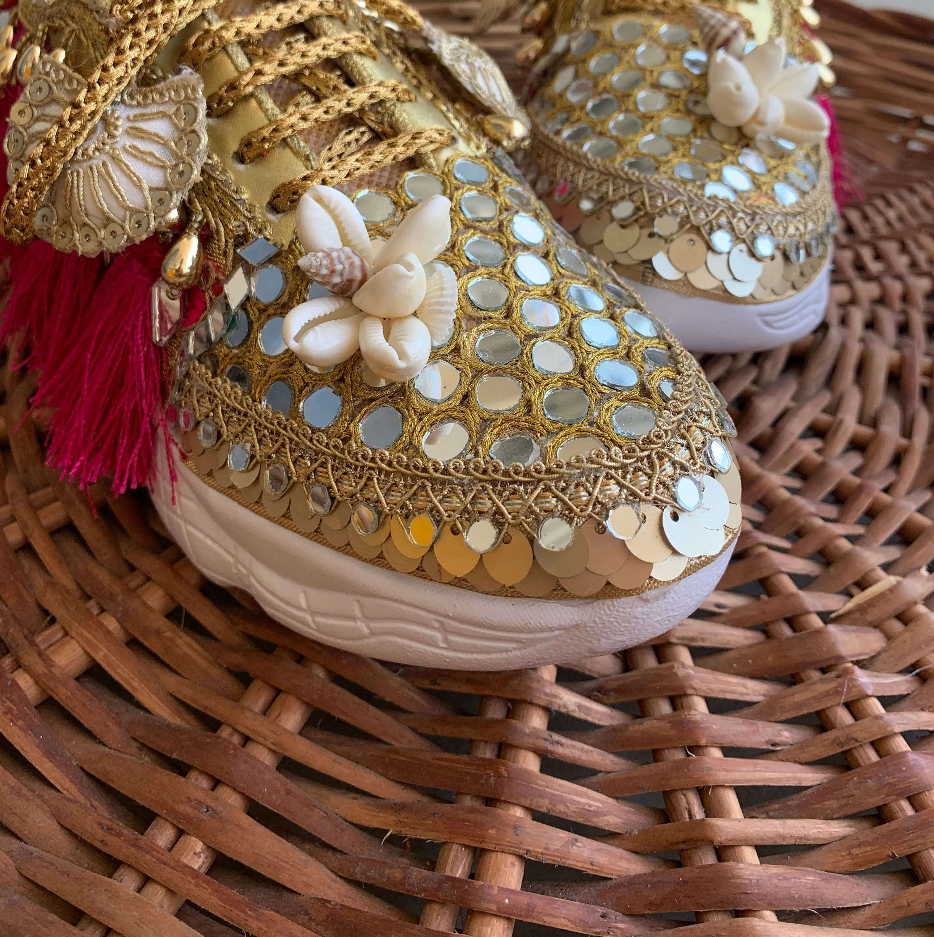 FUNKY N TRENDY megenta rani and gold sneakers for brides /bridesmaids / hot pink sneakers for bridesmaids/ handcrafted sneakers/ mirror sneakers / bridal sneakers / bridesmaid sneakers/ gold sneakers / megenta sneakers/ rani sneakers