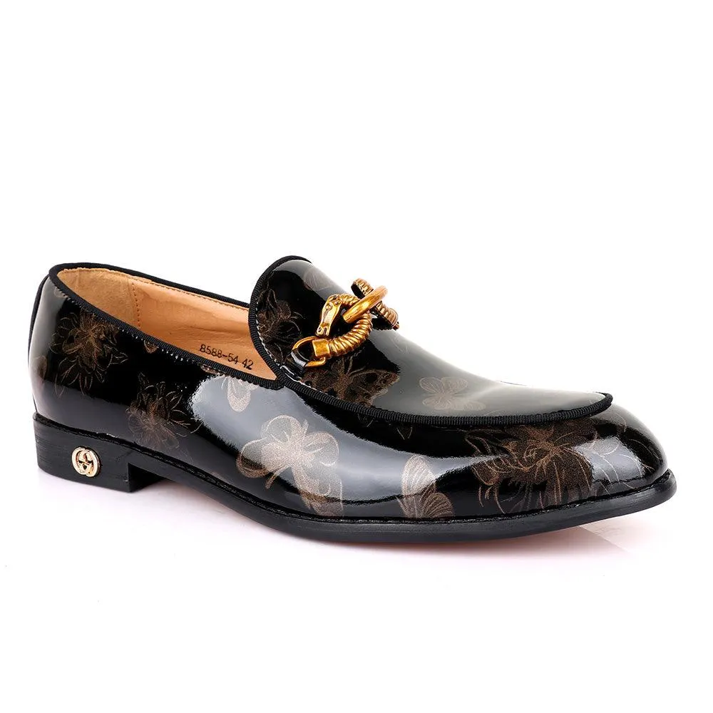 GC Luxury Flower Horse Lock Black Glossy Leather Shoe