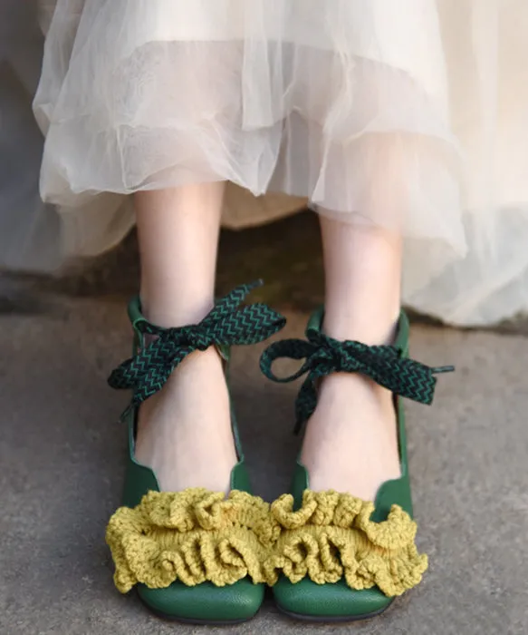 Green Knit Splicing Genuine Leather Cross Strap Flats Shoes RT1031