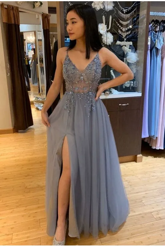 Grey See Through Prom Dress with Side Slit