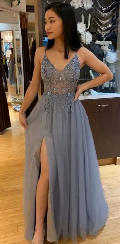 Grey See Through Prom Dress with Side Slit