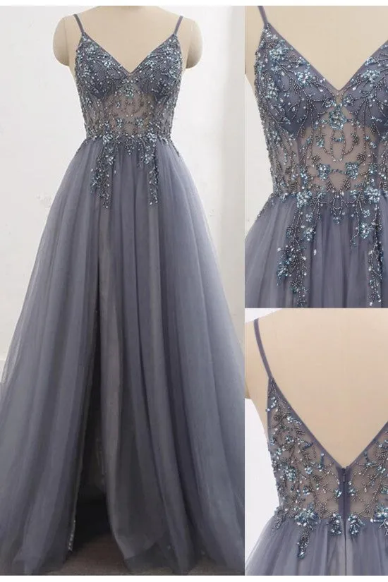 Grey See Through Prom Dress with Side Slit