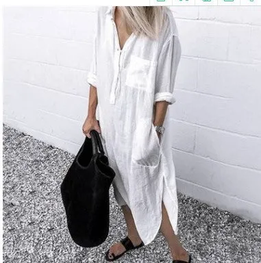 IKEARLAX Cross-Border Hot  Summer and Autumn Elegant Solid Color Slit Dress Simple Clinch Long Shirt Dress in Stock