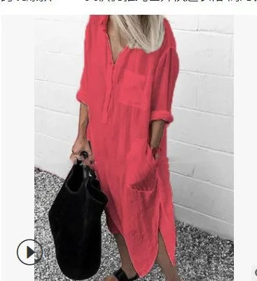 IKEARLAX Cross-Border Hot  Summer and Autumn Elegant Solid Color Slit Dress Simple Clinch Long Shirt Dress in Stock