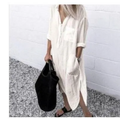 IKEARLAX Cross-Border Hot  Summer and Autumn Elegant Solid Color Slit Dress Simple Clinch Long Shirt Dress in Stock