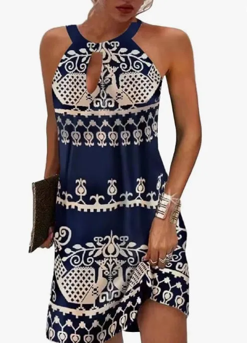 IKEARLAX European and American New Fashion Casual Printing Sleeveless Halter Hollow Dress Women's Clothing Cross-Border Supply