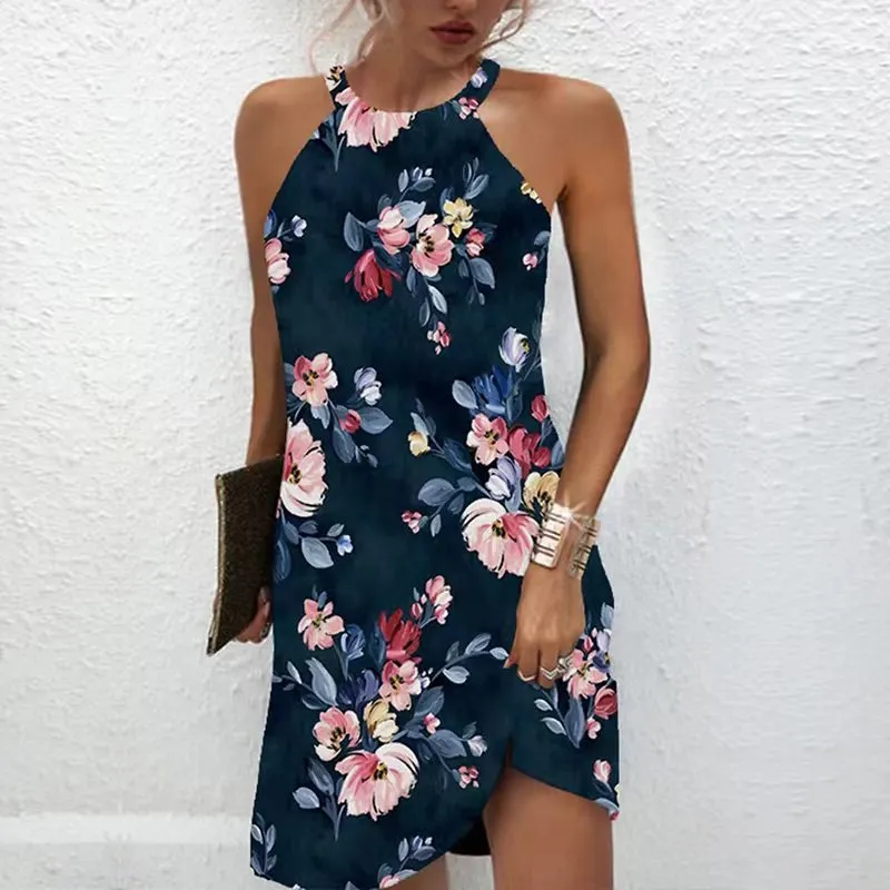 IKEARLAX European and American New Fashion Casual Printing Sleeveless Halter Hollow Dress Women's Clothing Cross-Border Supply