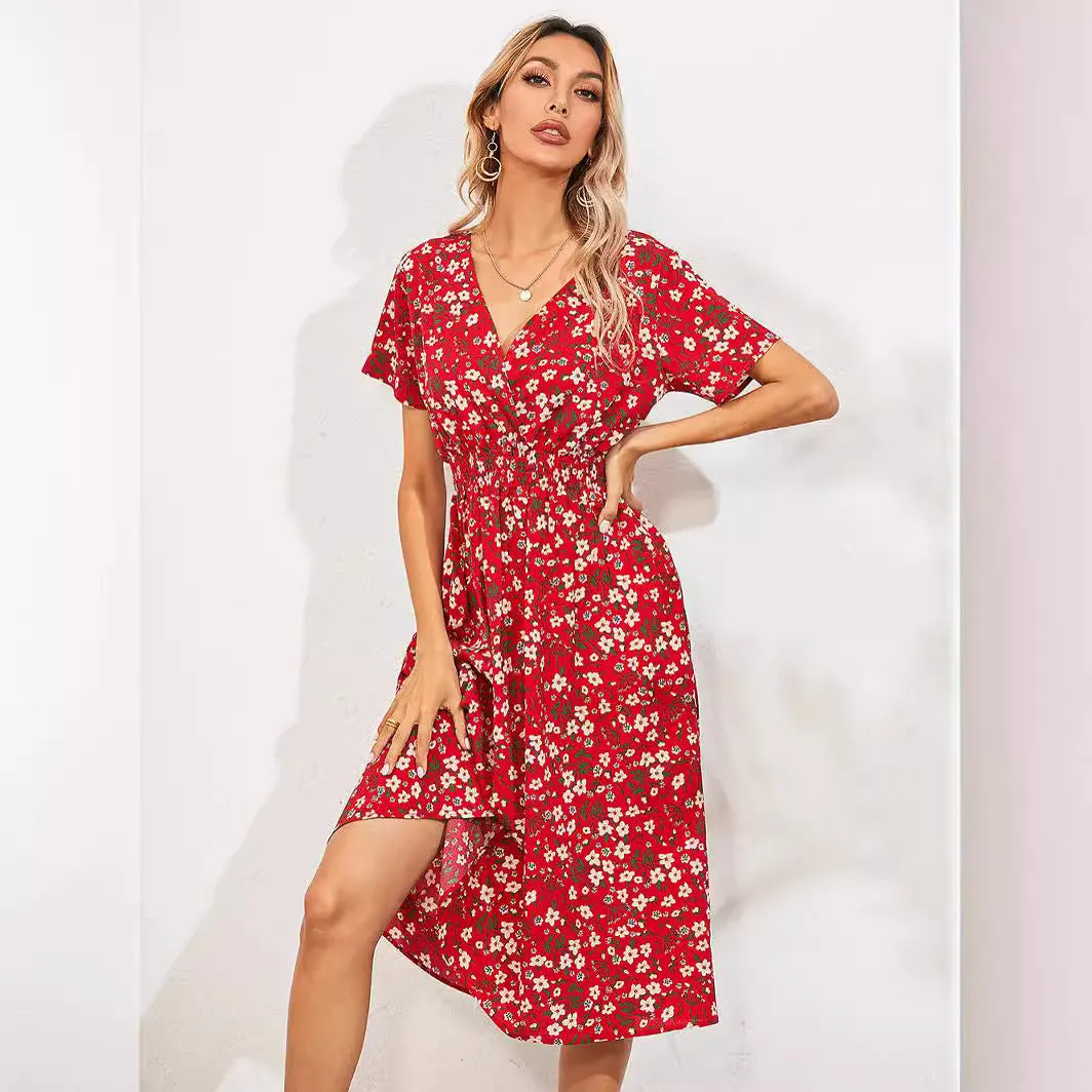 ikearlax Foreign Trade Women's Clothing HOTan and NEWn Station  Cross-Border Summer Small Floral Print Short Sleeve Dress Hot Sale