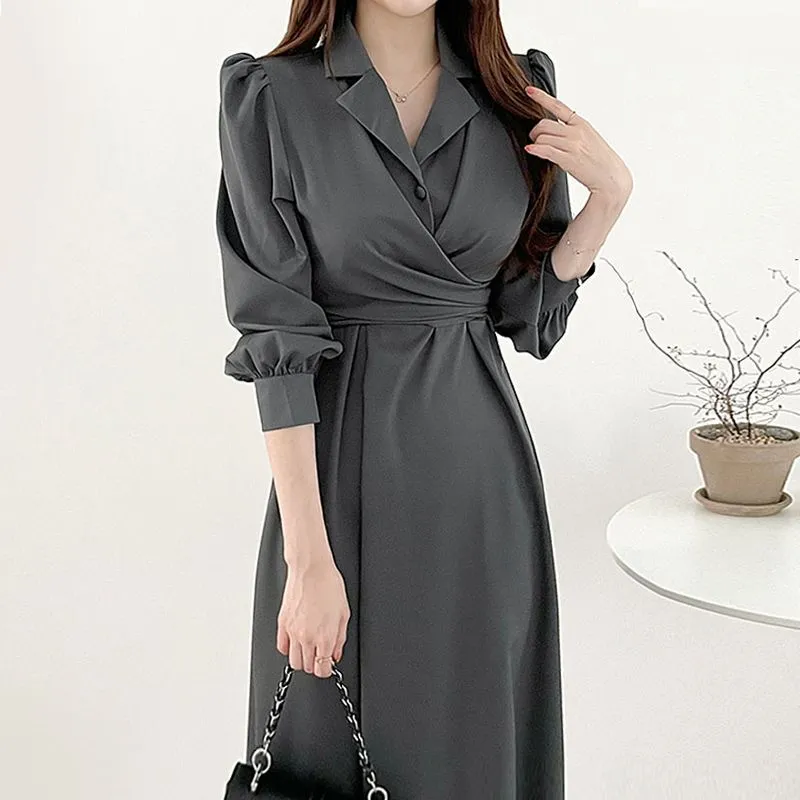 IKEARLAX South Korea Chic Early Autumn  Elegant Lapel Cross Lace-up Waist Puff Sleeve Shirt Dress Midi Dress