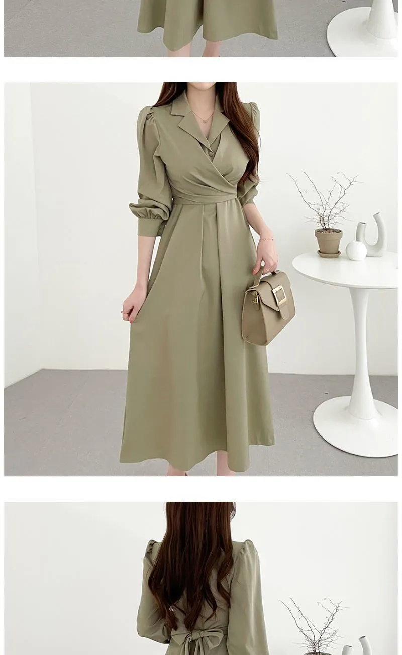 IKEARLAX South Korea Chic Early Autumn  Elegant Lapel Cross Lace-up Waist Puff Sleeve Shirt Dress Midi Dress