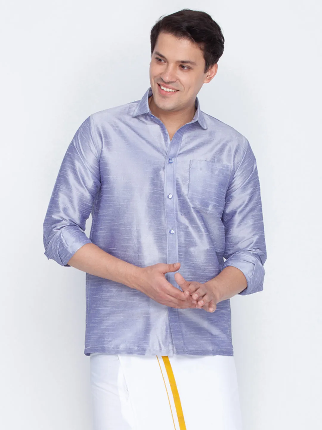 Jashvi Men's Light Blue Silk Blend Ethnic Shirt