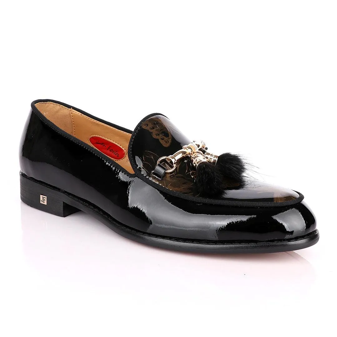 John Foster Classic wetlips Tassels Gold Chain Black Loafers Shoe