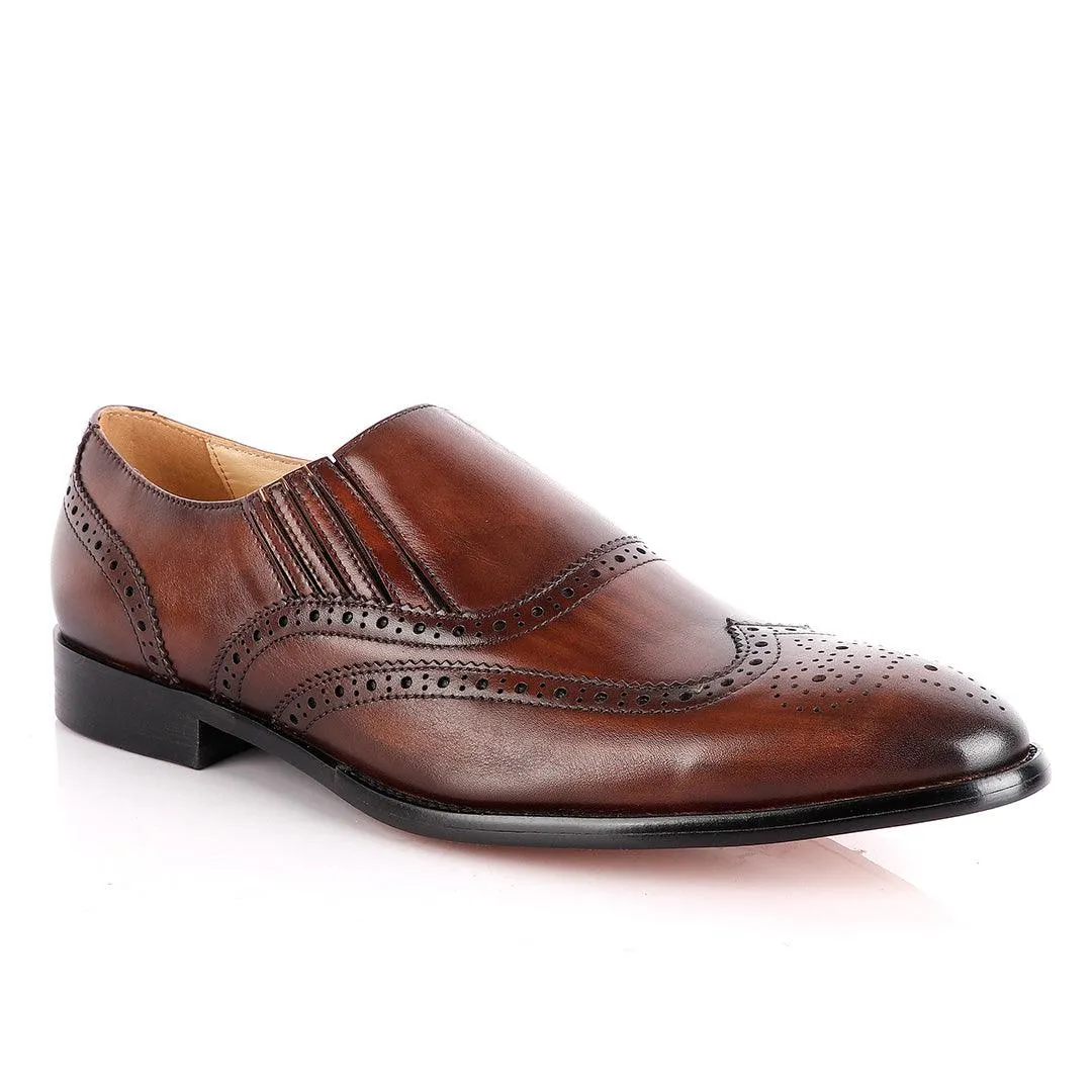 John Foster Coffee Slip On Brogue Shoe