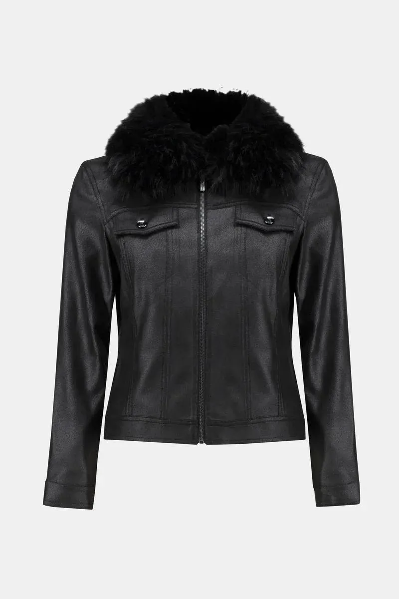 Joseph Ribkoff Faux Fur Collar Suede Jacket Black