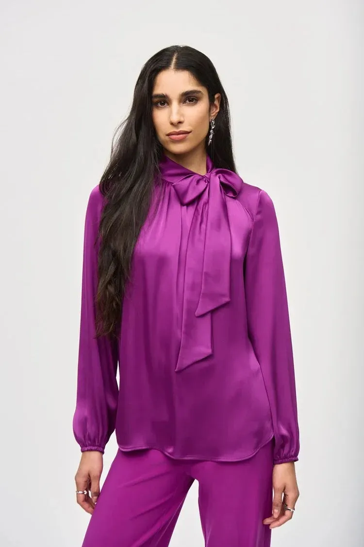 Joseph Ribkoff Satin Top With Bow Neckline Magenta