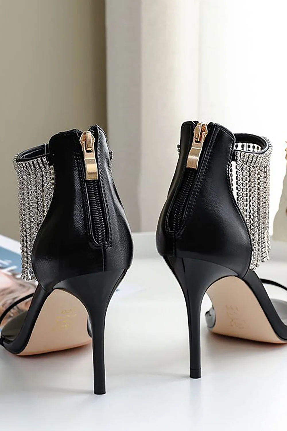 JOSKAA Woman Elegant high heel Black Rhinestone Thick High Heels