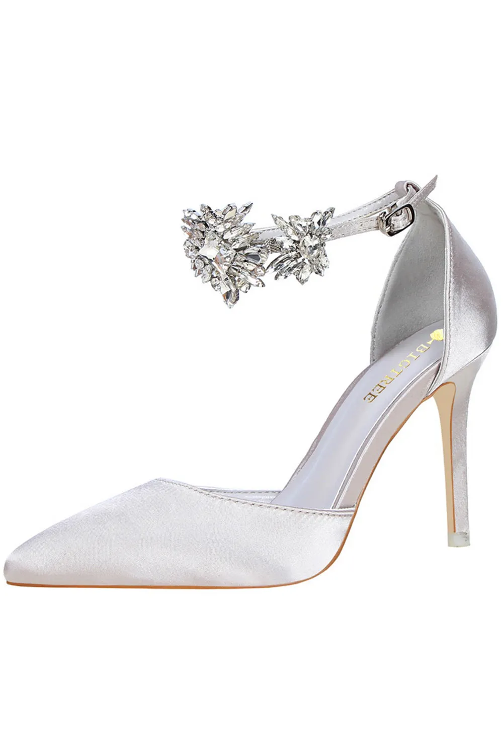 JOSKAA Woman Elegant high heel Silver Ankle Strap Prom Heels with Crystals