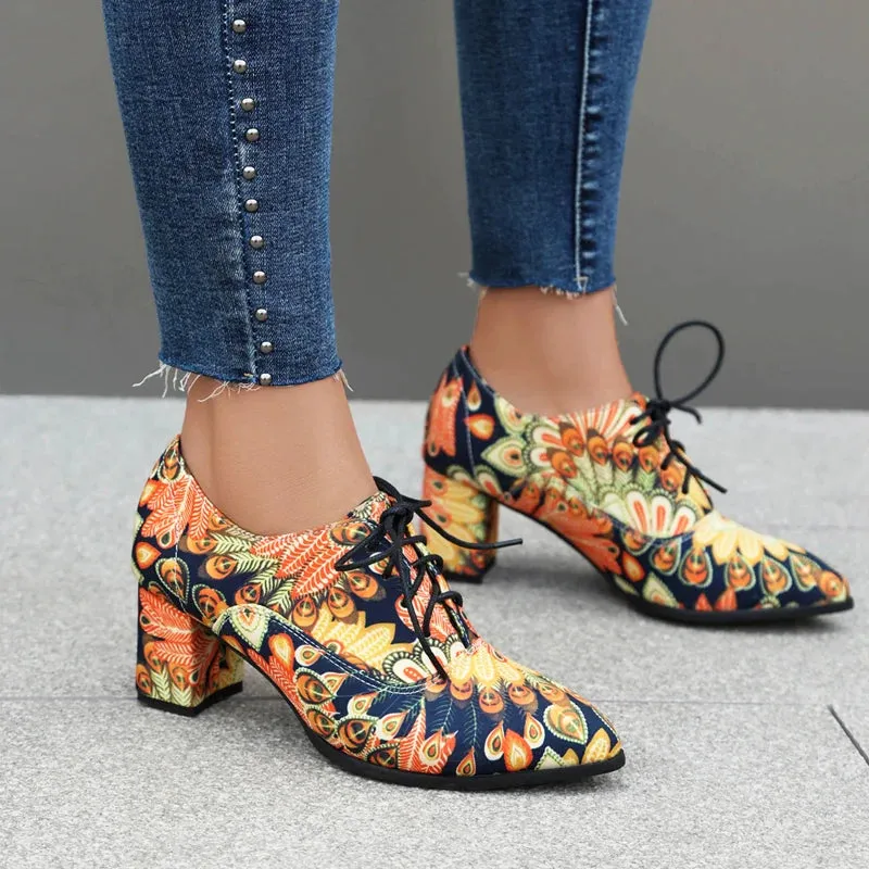 KIylethomasw Bohemian Style Printed Fabric Lace Up High Heeled Shoes Womens Round Toe Cross Tied Spring Autumn New Pumps Casual Oxfords 35-48