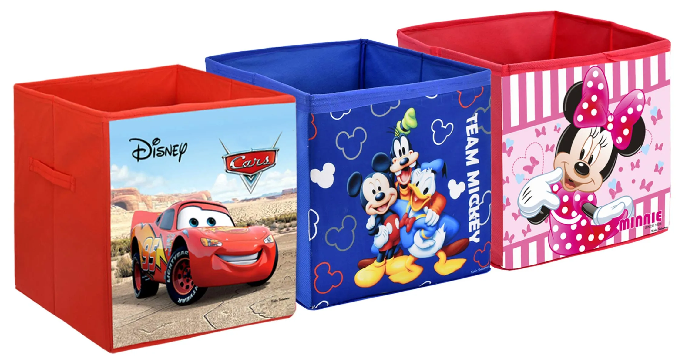 Kuber Industries Disney Print Non Woven Fabric Foldable Toy, Books, Shoes Cube Storage Box with Handle (Brown & Royal Blue & Pink, Large, 3 Pieces) KUBMART02369