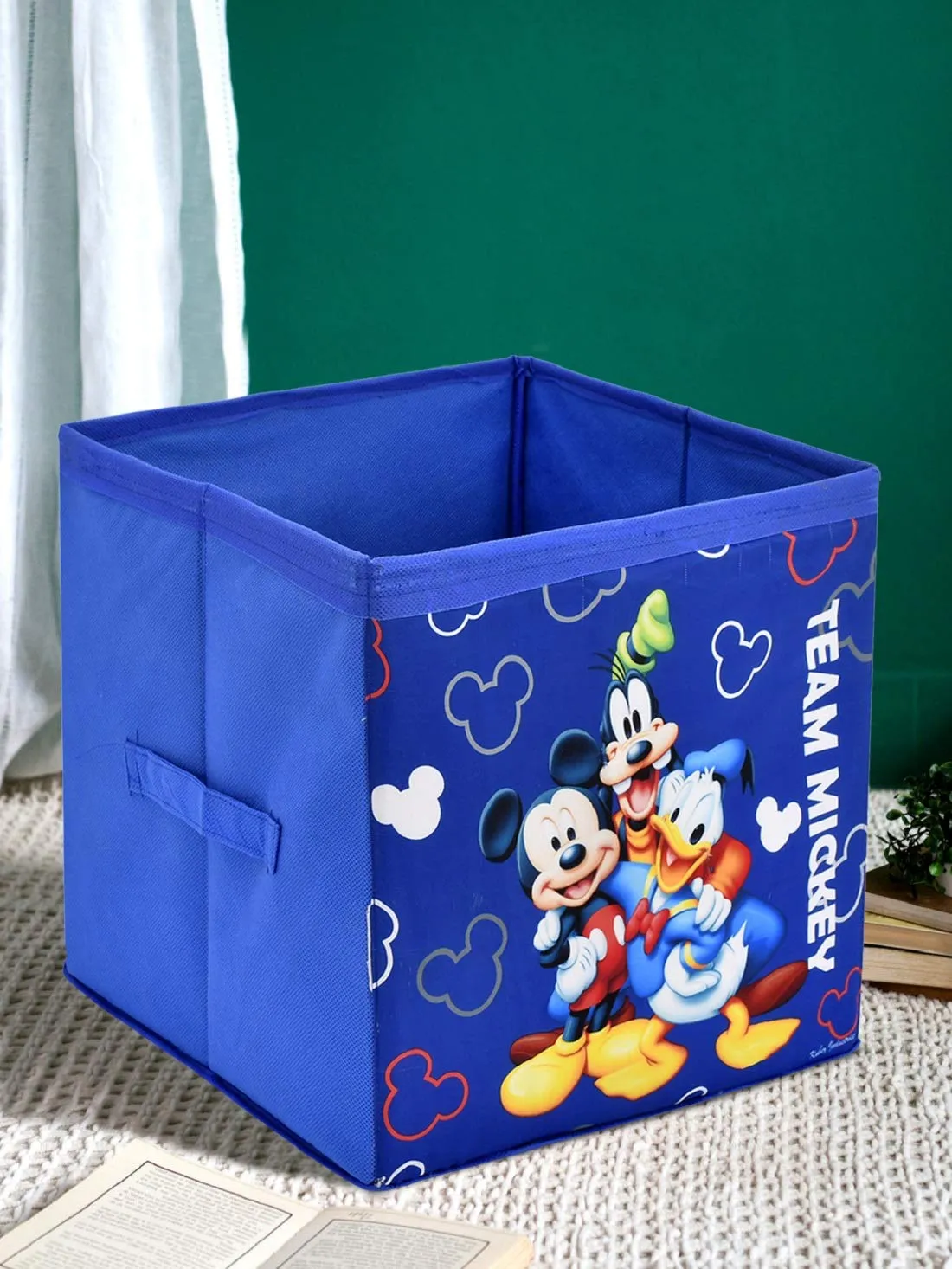 Kuber Industries Disney Print Non Woven Fabric Foldable Toy, Books, Shoes Cube Storage Box with Handle (Brown & Royal Blue & Pink, Large, 3 Pieces) KUBMART02369