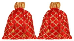 Kuber Industries Potli Bags Handbags for Women Gifting Wristlets for Wedding, Festival, Kitty Subh Shagun-Pack of 2 (Red)