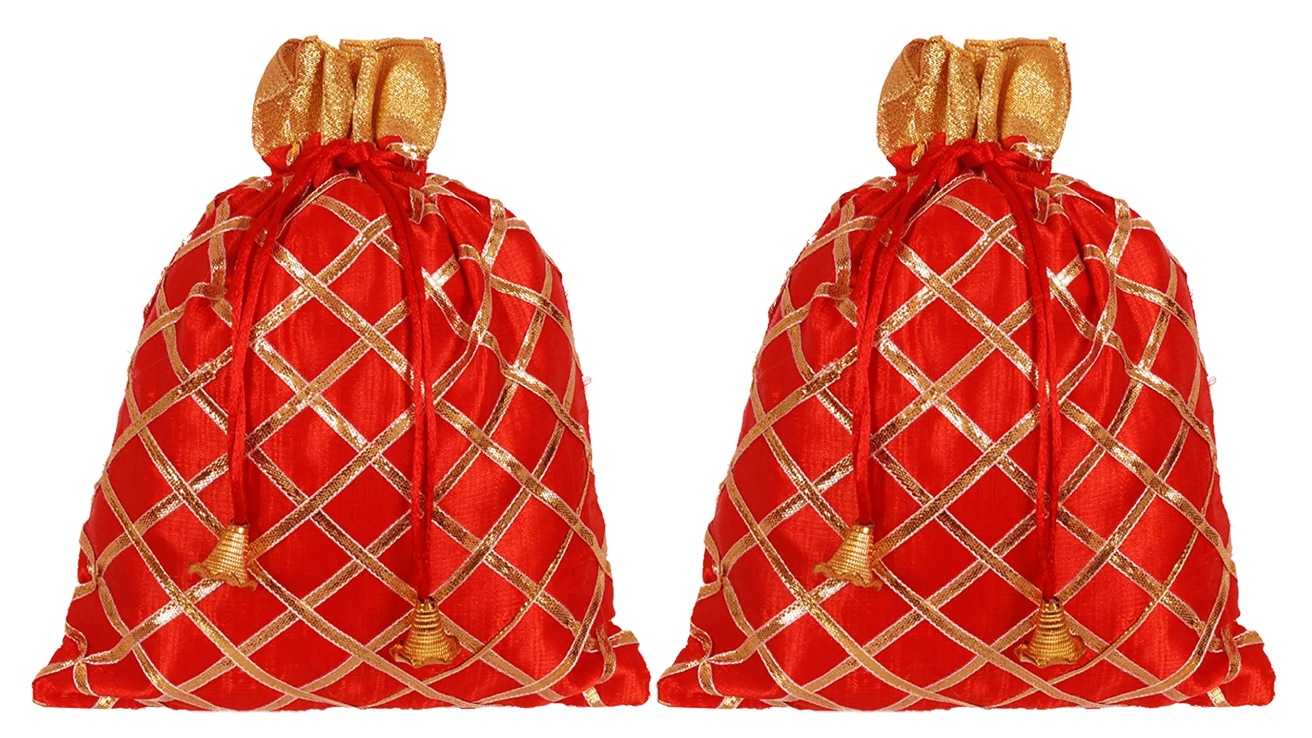 Kuber Industries Potli Bags Handbags for Women Gifting Wristlets for Wedding, Festival, Kitty Subh Shagun-Pack of 2 (Red)