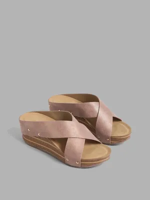 LUNA BLU Nude Cross Strap Wedges Sandals