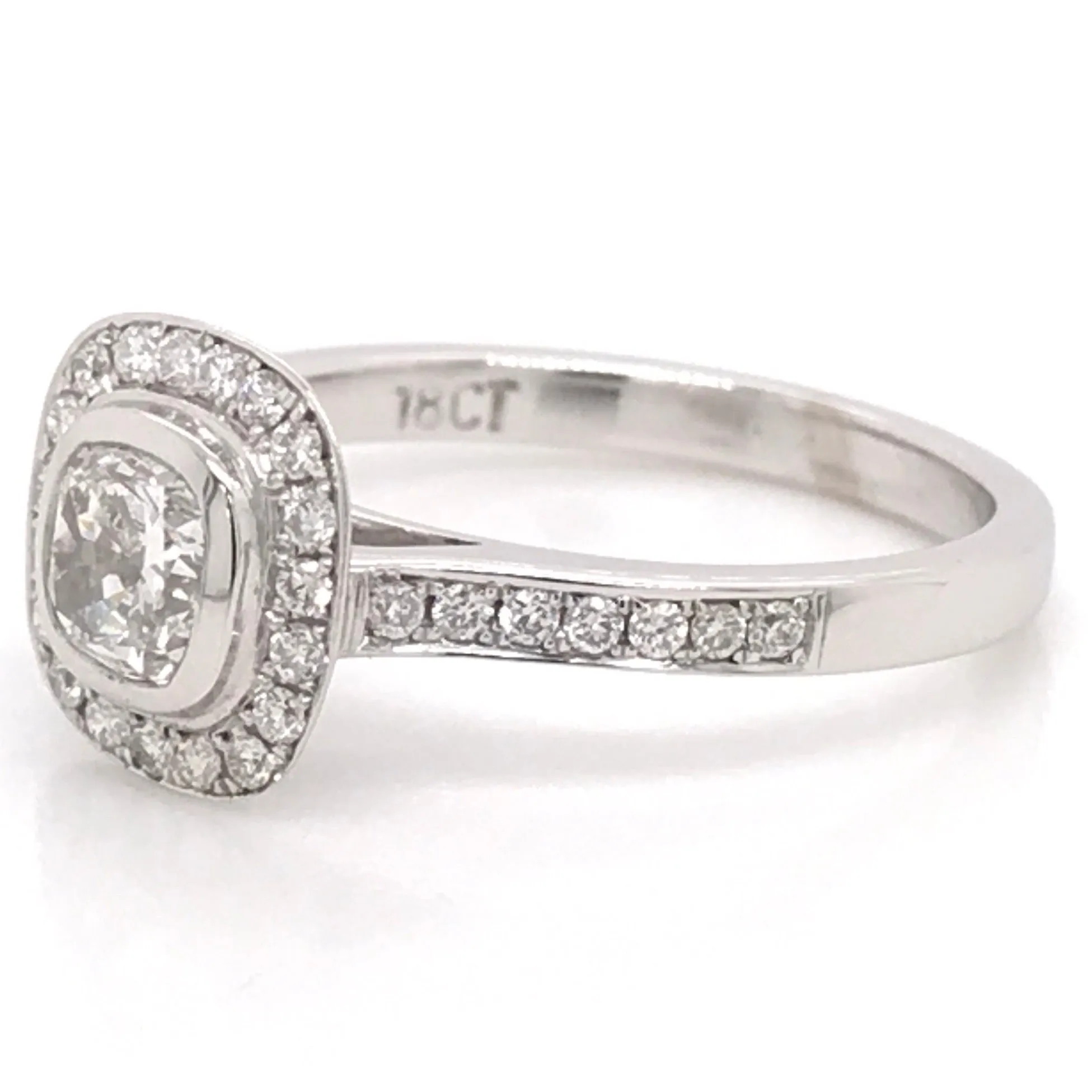 Maura - 18ct White Gold Cushion Cut Rub Over Halo Earth Grown Diamond Engagement Ring